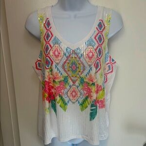 111. Almost Famous White, Pink & Blue V Neck Tank, Tribal Aztec Floral Sequins